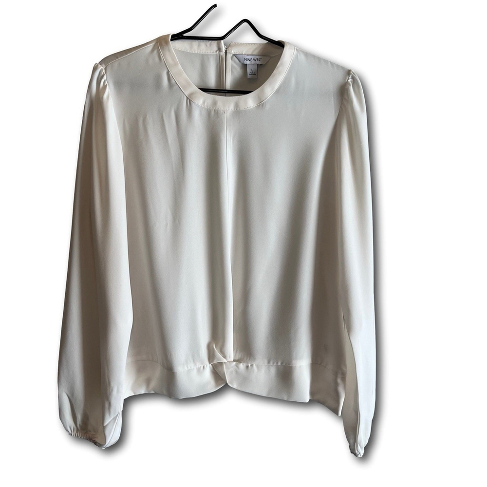 Nine West Women’s Long Sleeve Twist Front Ivory Blouse Size Large Sheer